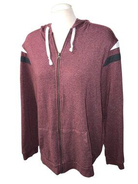 George Maroon Zip-Up Hoodie With White & Black Striped Sleeves Size Large Womens